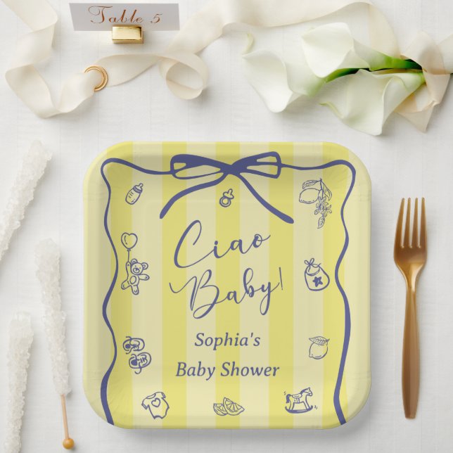Plato De Papel Yellow Stripes Italian Themed Ciao Baby (Boda)