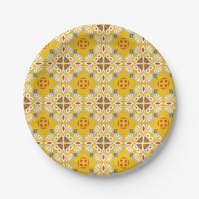 Plato De Papel yellow, white, and orange floral and geometric (Anverso)