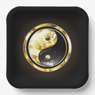 Plato De Papel Yin Yang dorado en negro