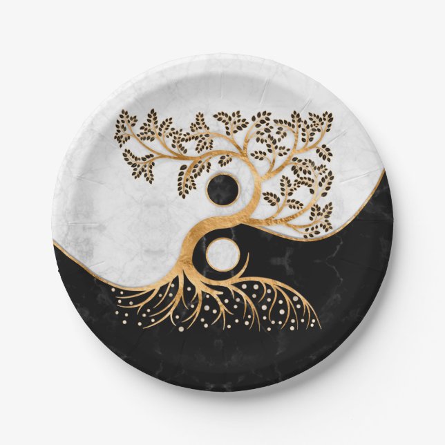 Plato De Papel Yin Yang Tree - Mármoles y oro (Anverso)