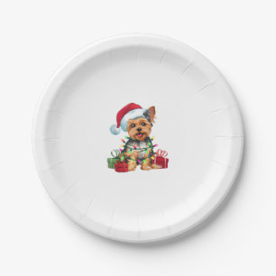 Plato De Papel Yorkie Xmas iluminando Santa Hat Yorkie Dog Christ