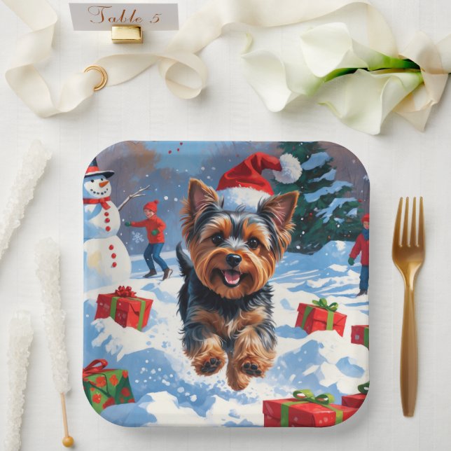 Plato De Papel Yorkshire Terrier en Nieve con Gorra Navidad (Boda)