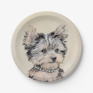 Plato De Papel Yorkshire Terrier Puppy Pintando Arte Original De 