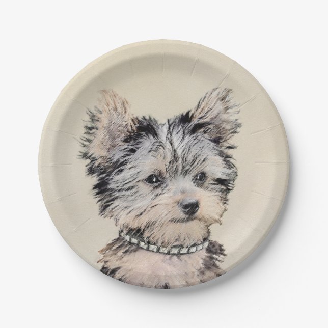 Plato De Papel Yorkshire Terrier Puppy Pintando Arte Original De  (Anverso)