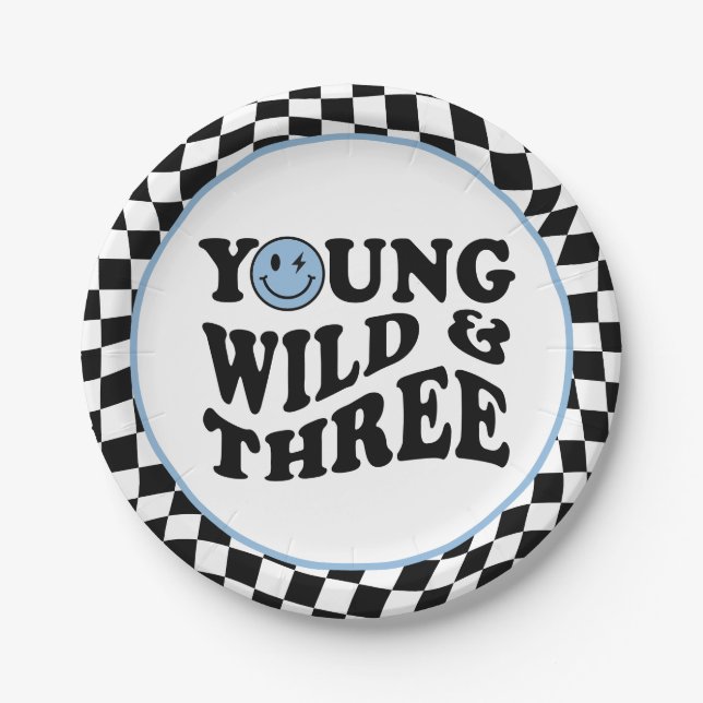 Plato De Papel Young Wild & Three | Azul Feliz Sonrisa Cumpleaños (Anverso)
