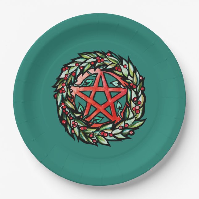Plato De Papel Yule Wreath Pentacle Pagan (Anverso)
