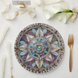 Plato De Papel Zafiros Rosas y Azules Diamantes Perlas Mandala
