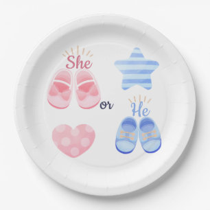 Plato De Papel Zapatos de bebé rosas y azules ¿Ella o él? Revelac