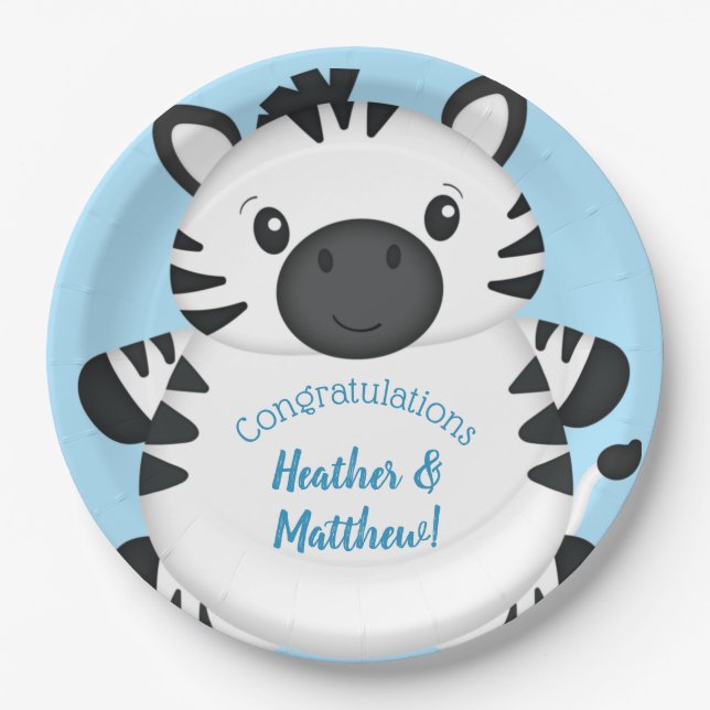 Plato De Papel Zebra Baby Shower Blue (Anverso)