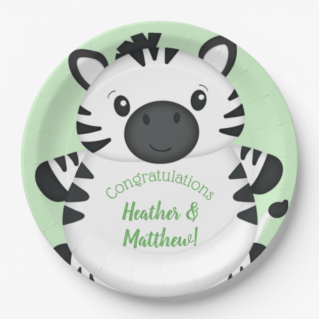 Plato De Papel Zebra Baby Shower Green (Anverso)