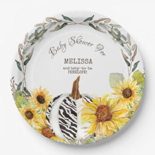 Plato De Papel Zebra moderna Calabaza blanca girasoles Baby Showe