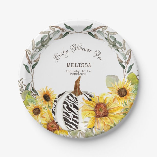 Plato De Papel Zebra moderna Calabaza blanca girasoles Baby Showe (Anverso)