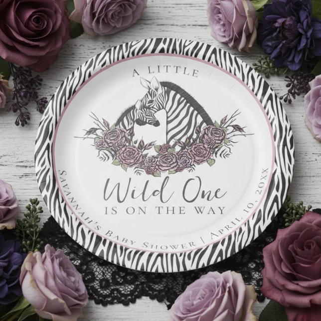 Plato De Papel Zebra Safari Baby Shower Little Wild One Party (A Little Wild One Is On The Way Zebra Baby Shower Paper Plates for Mother to Be. Gothic Pink Roses)