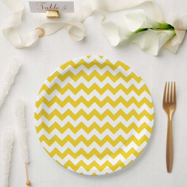 Plato De Papel Zigzag amarillo, chevron amarillo, patrón geométri (Boda)