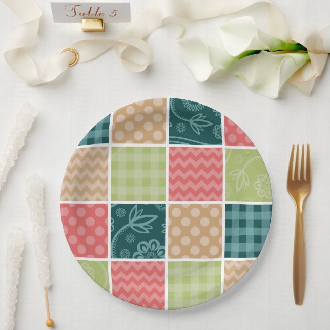 Plato De Papel Zigzag, Chevron, Gingham, Puertos Polka, Patchwork (Boda)