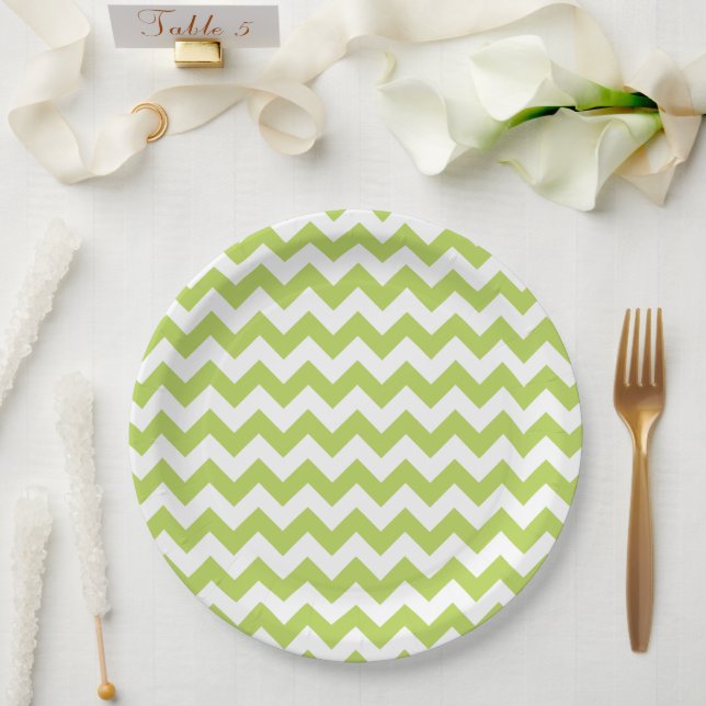 Plato De Papel Zigzag verde, Chevron verde, patrón geométrico (Boda)