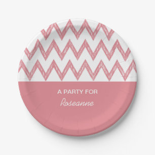 Plato De Papel Zigzags De Chevron Rosa Con Lápiz De Moda Con Nomb