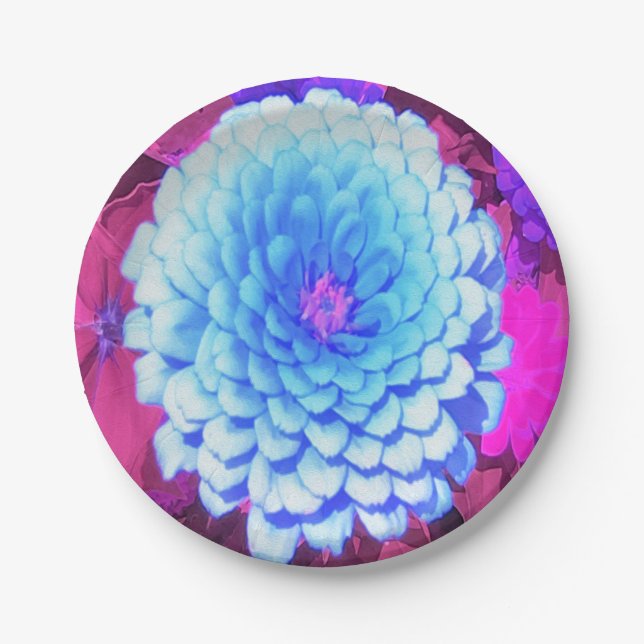 Plato De Papel Zinnia azul bonito en el jardín de verano morado (Anverso)