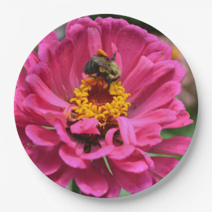 Plato De Papel Zinnia rosa y abeja de burbujas