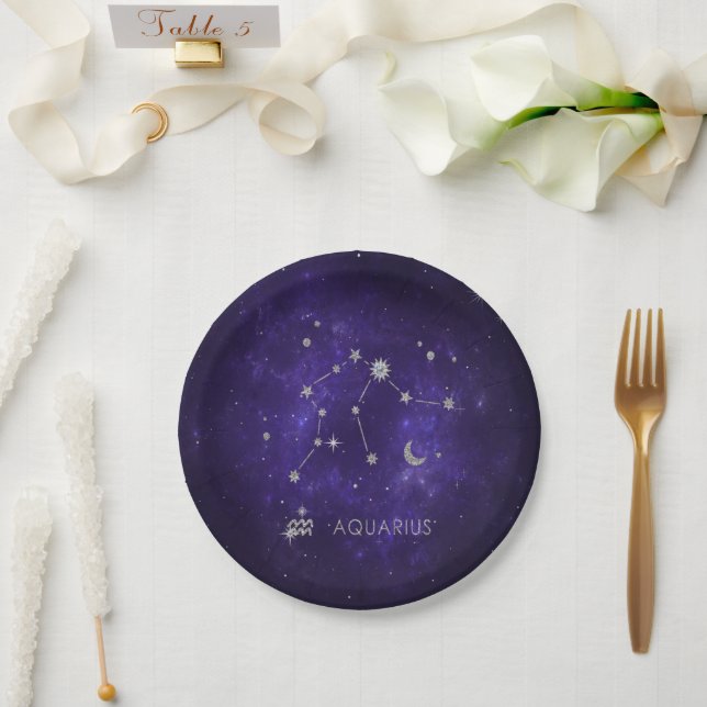 Plato De Papel Zodiac Purple Aquarius | Horoscopio astrológico (Boda)