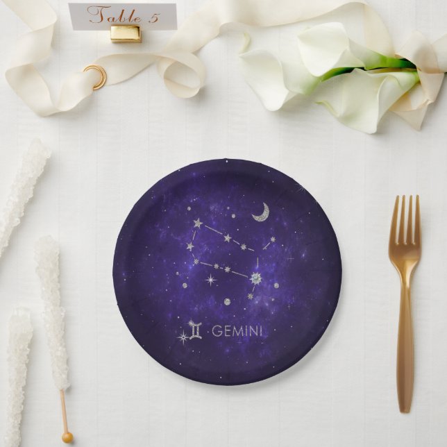 Plato De Papel Zodiac Purple Gemini | Horoscopio Astrológico Cósm (Boda)