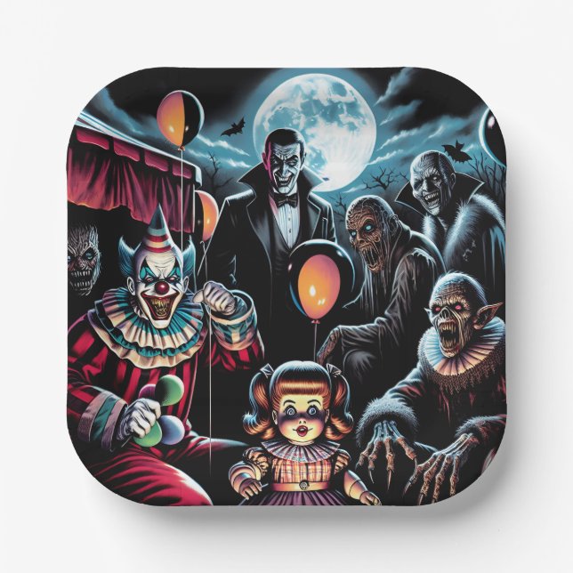 Plato De Papel Zombie, Payaso, Vampiro y Muñeca Embrujada Hallowe (Anverso)