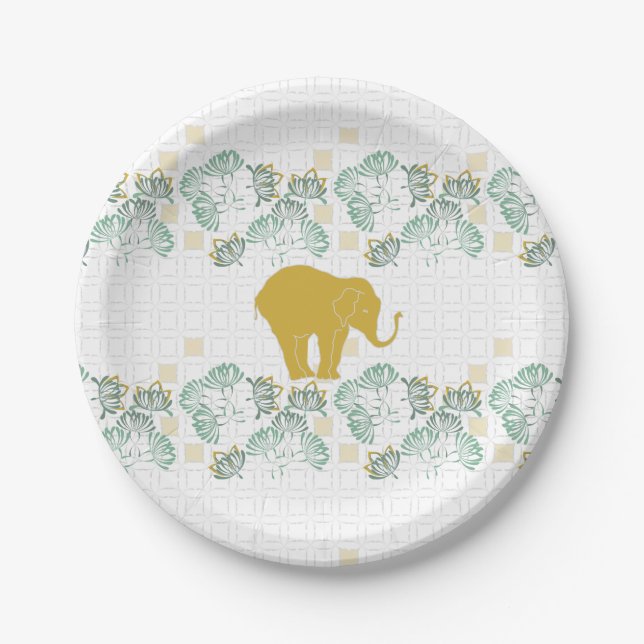 Plato De Papel Zoológico de la Jungla de Elefante Verde y Oro (Anverso)