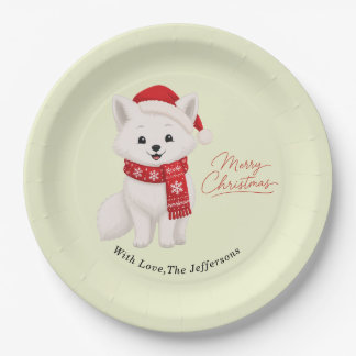 Plato De Papel Zorro Ártico Lindo con Gorro de Santa y Bufanda de