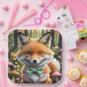 Plato De Papel Zorro de corte con un arco verde y rosado