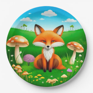 Plato De Papel Zorro de dibujos animados en un bosque