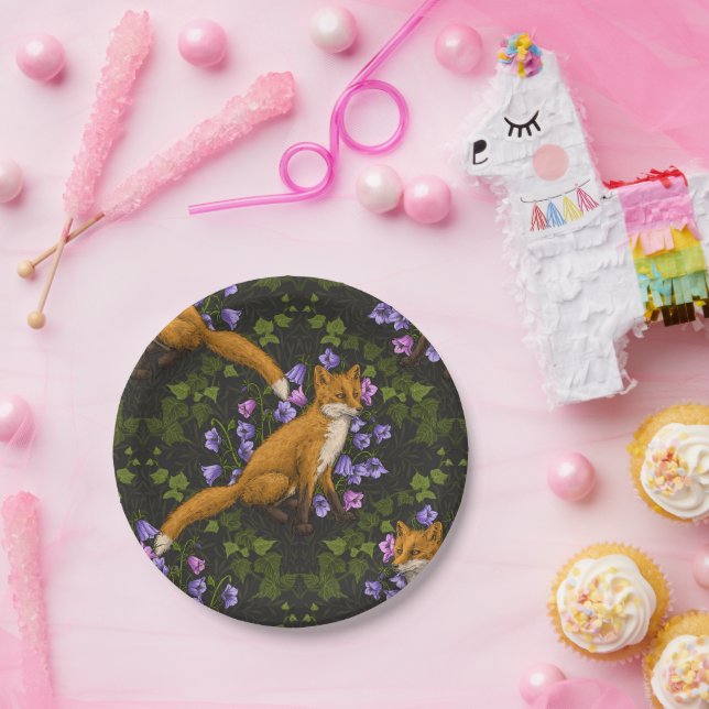 Plato De Papel Zorro, flores de vientre y hiedra, verde, naranja  (Fiesta)