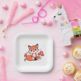 Plato De Papel Zorro Kawaii Adorable con Hongos Arte de Dibujos A