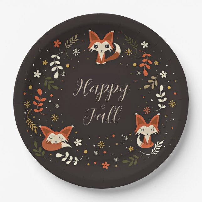 Plato De Papel Zorros de otoño con texto personalizable (Anverso)