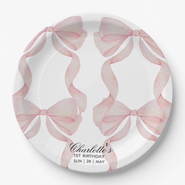plato Plato de papel con lazo rosa cumpleaños 1 (Anverso)