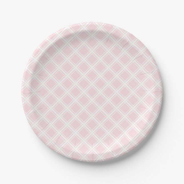 Platos blancos en papel de cumpleaños rosado (Anverso)
