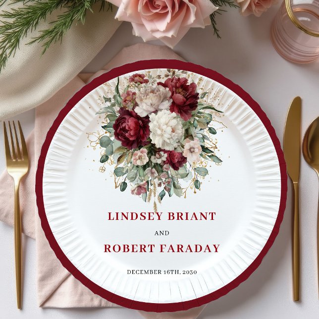 Platos Bohemios Dorados con Flores Rojo Intenso El (Stylish Deep Red Floral Boho Gold Plates)