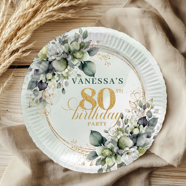 Platos Boho Acuarela Verde Dorado Cumpleaños 80 (Boho Watercolor Green Gold 80th Birthday Plates)