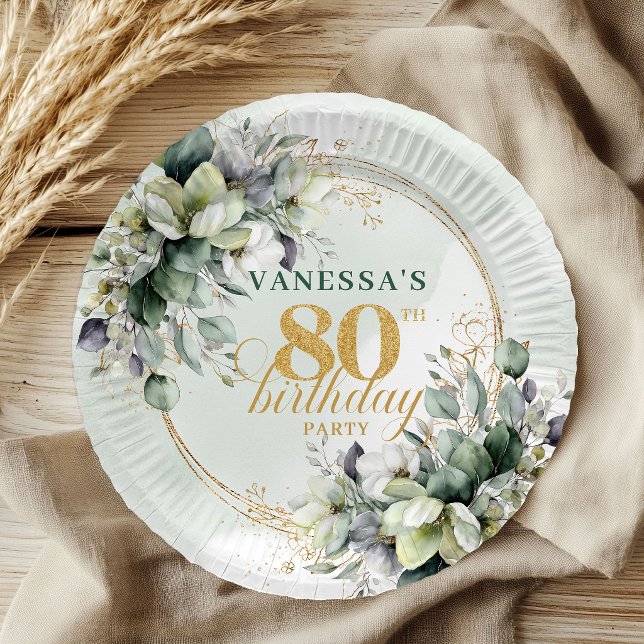 Platos Boho Botánico Verde Blanco Cumpleaños 80 (Boho Botanical Green White 80th Birthday Plates)