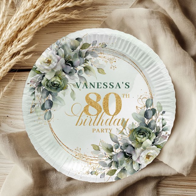 Platos Boho Botánicos Verde Polvoriento para 80 Cu (Dusty Green Boho Botanical 80th Birthday Plates)