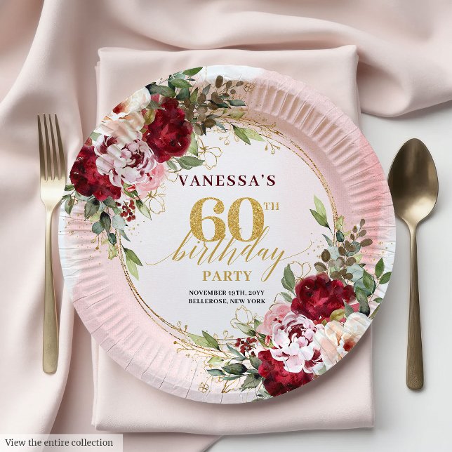 Platos Clásicos de Cumpleaños 60 Burgundy Blush Fl (Classic Burgundy Blush Floral 60th Birthday Plates)