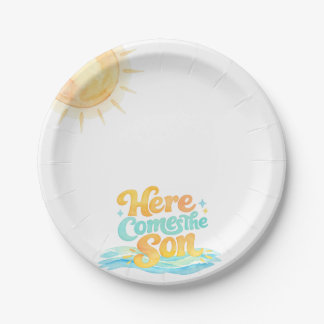 Platos de baby shower de acuarela Aquí viene el hi