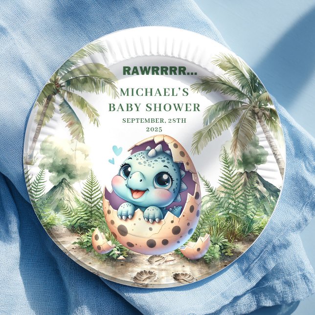 Platos de Baby Shower de adorable dinosaurio que e (Adorable Dino Baby Shower Hatching Soon Plates)