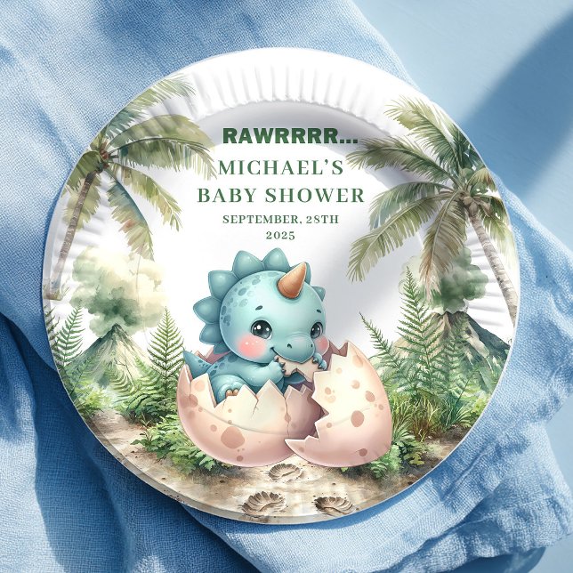 Platos de Baby Shower de Huevo de Dinosaurio Adora (Adorable Dino Egg Baby Shower Hatching Soon Plates)