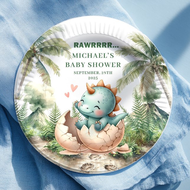 Platos de Baby Shower Hatching Soon de Huevo de Di (Charming Dino Egg Baby Shower Hatching Soon Plates)