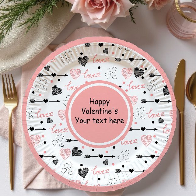 Platos de boceto de corazones negros rosa de San V (Modern Valentine Pink Black Hearts Sketch Paper Plates)