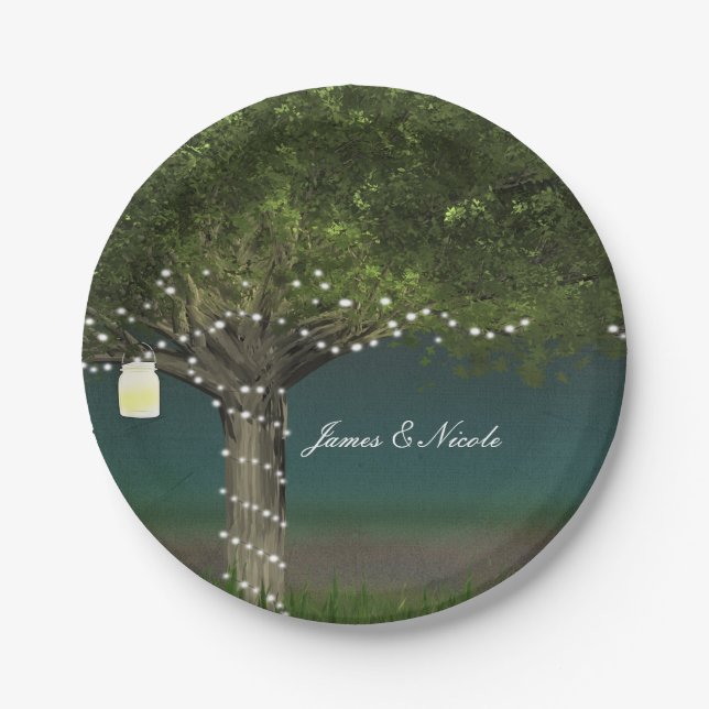 Platos de boda con luces de árbol y luces de caden (Anverso)