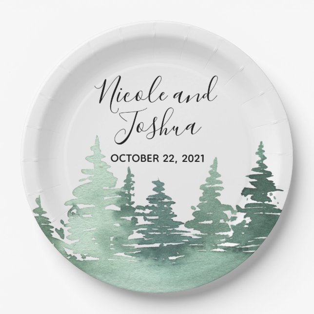 Platos de boda de bosque de acuarela rústica (Anverso)