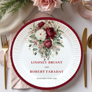 Platos de Boda de Flores Burgundy Boho Chic Dorado