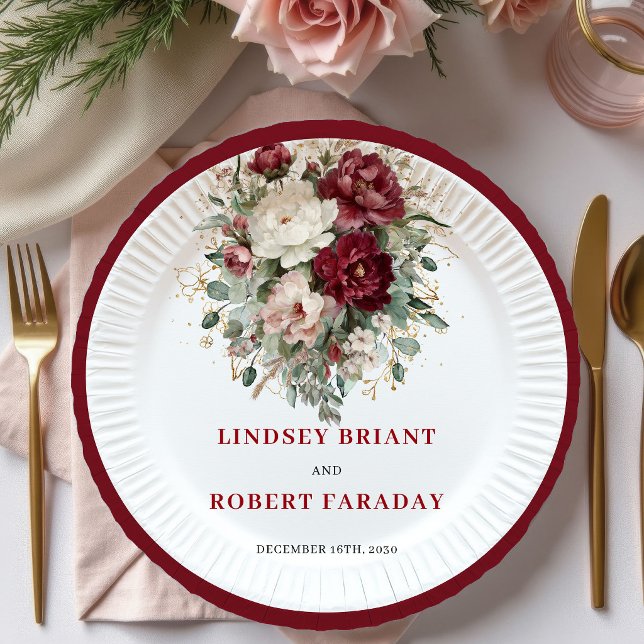Platos de Boda de Lujo con Floral de Marsala y Ver (Luxury Marsala Floral Greenery Wedding Plates)