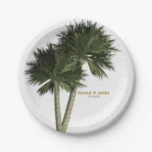 Platos de boda elegantes de palmeras blancas y dor